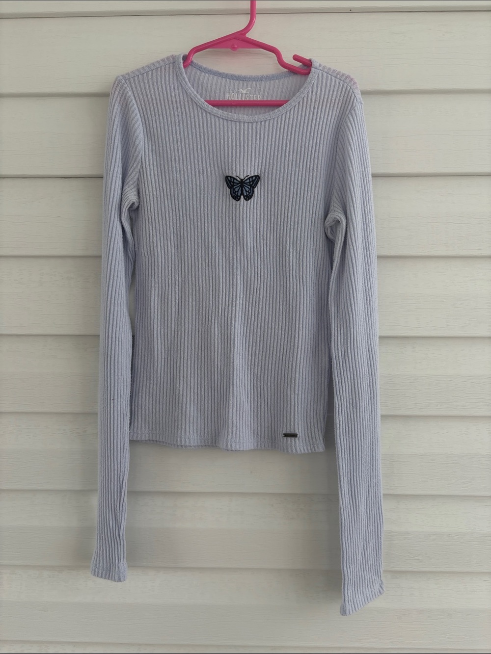 Hollister Butterfly Ribbed Baby Tee XXS | Y2K Long Sleeve Embroidered Top